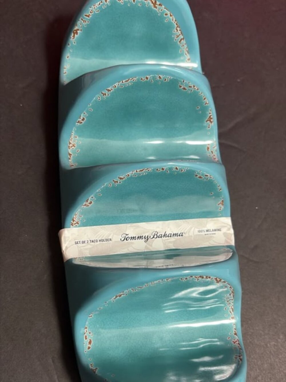 NEW Tommy Bahama Turquoise Blue Crackle Melamine Taco Holder 2pc Set